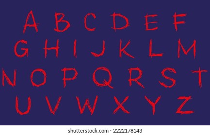 Sloppy Handwriting. Red Vector Decorative Alphabet On Blue Background. Art Font.