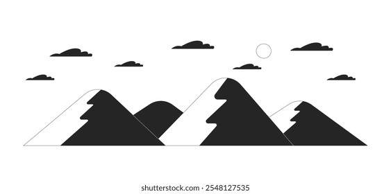 Colinas desleixadas sob o céu com nuvens claras preto e branco objeto de linha 2D. Beleza das terras altas. Paisagem de verão com montanhas isolado clip art vetor item de contorno. Ilustração de ponto monocromático