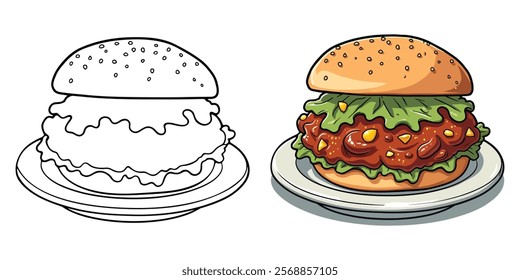 Sloppy Joe Black and White Line Art Vector Illustration with Coloring Sample. Food and Snacks Coloring Pages for Adults and Kids.