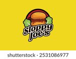 sloppy joes logo in emblem form with a sloppy joes dish and lettuce. It