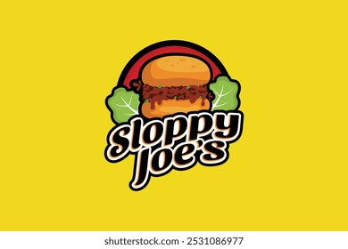 sloppy joes logo in emblem form with a sloppy joes dish and lettuce. It's great for restaurants, cafes, food trucks, etc.