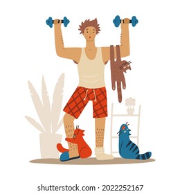 Sloppy Man with cats doing workoutat home. Cats interfere with sports. Humorous fitness motivation character doing exercise indoors, pets behave outrageously. Vector funny flat illustration.