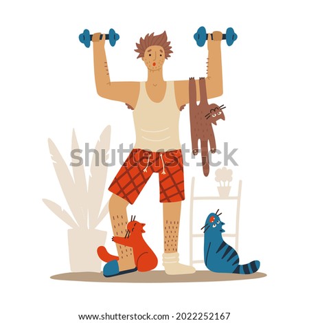 Sloppy Man with cats doing workoutat home. Cats interfere with sports. Humorous fitness motivation character doing exercise indoors, pets behave outrageously. Vector funny flat illustration.