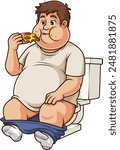 Sloppy man eating pizza while sitting on a toilet vector illustration
