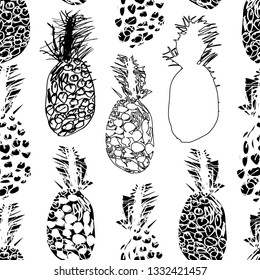 Sloppy pineapple hand drawn seamless sketch in doodle style. Tropical doodle collection. Perfect for baby textile, wallpaper, wrapping paper, menu, website background. Artistic freehand drawing.