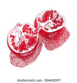 Sloppy sketch halved pomegranate. Monochrome red on white.