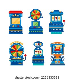 Slot Arcade Gambling Machine with Lever and Button Vector Set