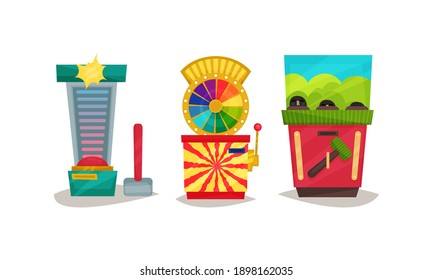 Slot or Arcade Machines Vector Set. Gaming Industry Equipment Collection
