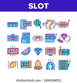 Slot Casino Machine Collection Icons Set Vector. Seven And Heart, Bar And Diamond, Bell And Lemon, Star And Watermelon Slot Of Gambling Tool Concept Linear Pictograms. Color Illustrations