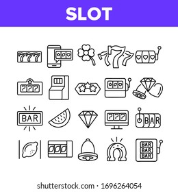 Slot Casino Machine Collection Icons Set Vector. Seven And Heart, Bar And Diamond, Bell And Lemon, Star And Watermelon Slot Of Gambling Tool Concept Linear Pictograms. Monochrome Contour Illustrations