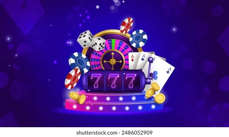 Slot casino. Neon jackpot spin game. Fortune money. Poker card ace. Gambling winner. Gold coin. Lucky chance roulette. Betting chip and dice. 777 wheel rotate. Vegas prize. Vector gamble club banner