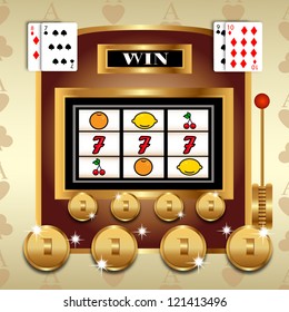 Slot fruit machine with 777 winning and  Gold coins - Vector illustration on retro background