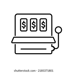 Slot Fruit Machine Black Outline Icon. Gambling Lottery Money Game Flat Symbol. Casino Lucky Jackpot 777 In Las Vegas Line Pictogram. Gamble Slot Machine Sign.Isolated Vector Illustration.