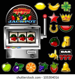 A slot fruit machine with cherry winning on cherries and Various slot fruit machine icons