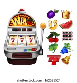 Slot fruit machine with cherry winning on cherries and Various slot fruit machine icons