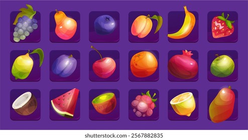 Slot gambling machine badges, vector in flat style. Exotic fruits in rows for game UI design. Mango and pear, banana and coconut, apple and pomegranate, watermelon and lemon, plum and raspberry