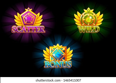 Slot icons. Bonus, scatter and wild. Vector Colorful jewelry stones. Awards with gems. Game asset for casino and UI on separate layers