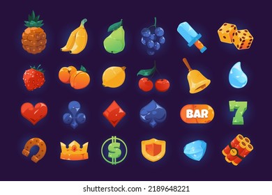 Iconos de ranura. Caricatura que brilla los símbolos del casino para la máquina tragaperras y los juegos de azar, la corona de la corona de la fruta del corazón barra de diamantes y símbolos de colores del dólar. Vector conjunto aislado de la ilustración del icono del juego del casino