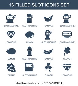 slot icons. Trendy 16 slot icons. Contain icons such as Slot machine, slot machine, Banana, Diamond, Lemon, Clover, Grape. icon for web and mobile.