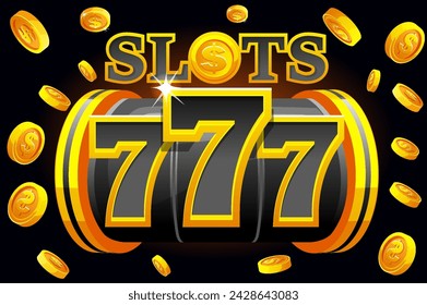 Slot machine 777 with explosion coins. Golden and black Banner for the casino game.