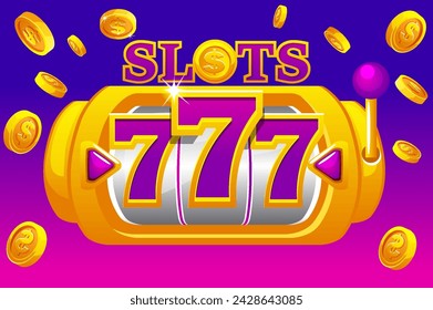 Slot machine 777 with explosion coins. Banner for the casino game.