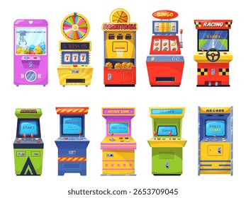 Máquina de fenda. Arcade 8 bits consoles de jogos, esporte e simuladores de condução, retro jogando automates, jogos de dispositivos eletrônicos, fortuna, vintage gamepad classy vetor cartoon conjunto isolado
