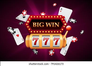 Slot machine and big win banner with falling aces and chips, vector design