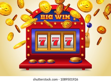 Slot machine with big win lettering and flying golden coins on yellow background. Casino business advertising design. For posters, banners, leaflets and brochures.