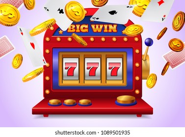 Slot machine with big win lettering, flying playing cards and golden coins on purple background. Casino business advertising design. For posters, banners, leaflets and brochures.
