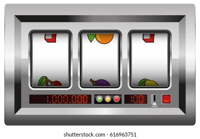 Slot Machine With Blank Reels To Insert Your Company Logo Or Any Text Or Picture In. Isolated Vector Illustration On White Background.