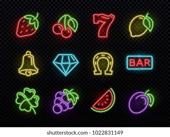 Slot machine bright neon vector symbols. Casino light gambling icons. Illustration of icons casino game neon, fortune and gambling