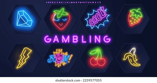 Slot machine bright neon vector symbols. Casino light gambling icons.