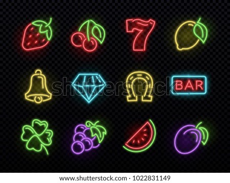 Slot machine bright neon vector symbols. Casino light gambling icons. Illustration of icons casino game neon, fortune and gambling