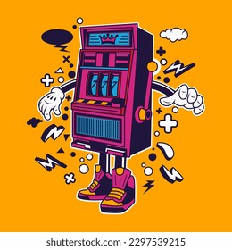 Slot Machine Cartoon Character Sticker Vector Illustration