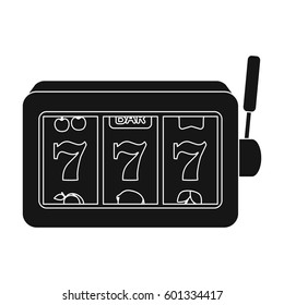 A slot machine in a casino. An automatic with a lever and a dial.Kasino single icon in black style vector symbol stock illustration.