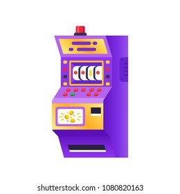 Slot machine in casino, electronic virtual game machine. Gambling, entertaining arcade on monitor. Terminal with buttons, levers, poker and other card games, for gambler or gamer. Vector illustration.