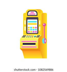 Slot machine in casino, electronic virtual game machine with making points. Gambling, entertaining arcade games on monitor screen. Terminal with buttons, for gambler or gamer. Vector illustration.