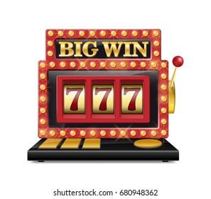 Slot machine for casino, lucky seven in gambling game isolated on white. Jackpot slot big win casino machine. Vector one arm bandit.