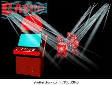 slot machine in casino on black background with light