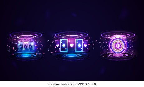 Slot machine, Casino Roulette wheel and playing cards, neon emblems for your arts