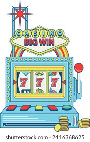 Slot machine with chips, fruit machine with casino sign, 2D slot machine, vector casino slot, retro cartoon old style