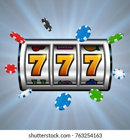 Slot machine with chips. Lucky seven on slot machine. Vector illustration.