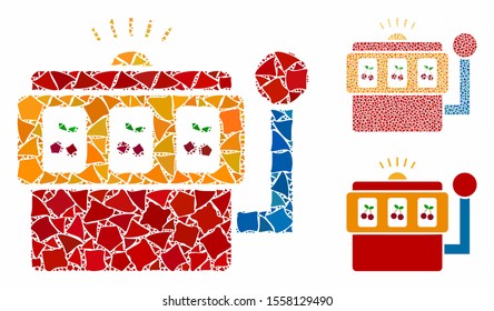 Slot machine composition of unequal items in variable sizes and color tones, based on slot machine icon. Vector ragged items are composed into composition.