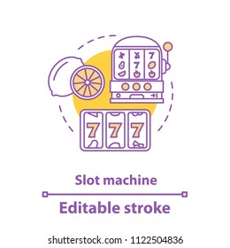 Slot machine concept icon. One armed bandit. Casino. Gambling idea thin line illustration. Lucky seven. Vector isolated outline drawing. Editable stroke