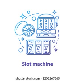 Slot machine concept icon. One armed bandit. Casino. Gambling idea thin line illustration. Lucky seven. Vector isolated outline drawing