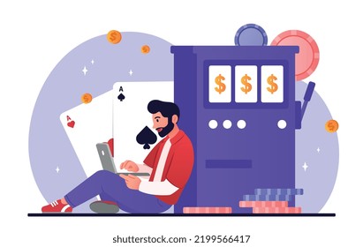 Slot machine concept. Man with chips and cards sits near slot machine. Gambling and games for fortune and luck. Poster or banner for website and online casino. Cartoon flat vector illustration