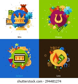  Slot machine concept with win chance jackpot and loss icons set flat isolated vector illustration 