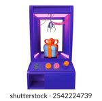 Slot machine crane machine. Getting a gift in the game. Box with prizes. Grabber machine with toys and gifts. 3d realistic illustration. Vector