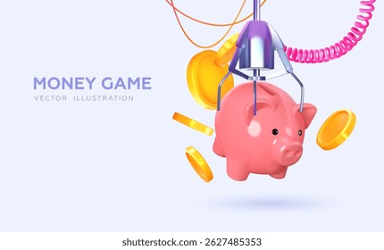 slot machine, crane machine grabs piggy bank with coins. In realistic style. Concept of saving money. Vector illustration