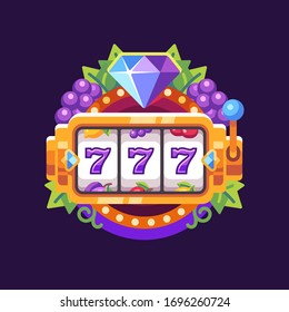 Slot machine with diamond and grapes. Casino 777 win flat illustration